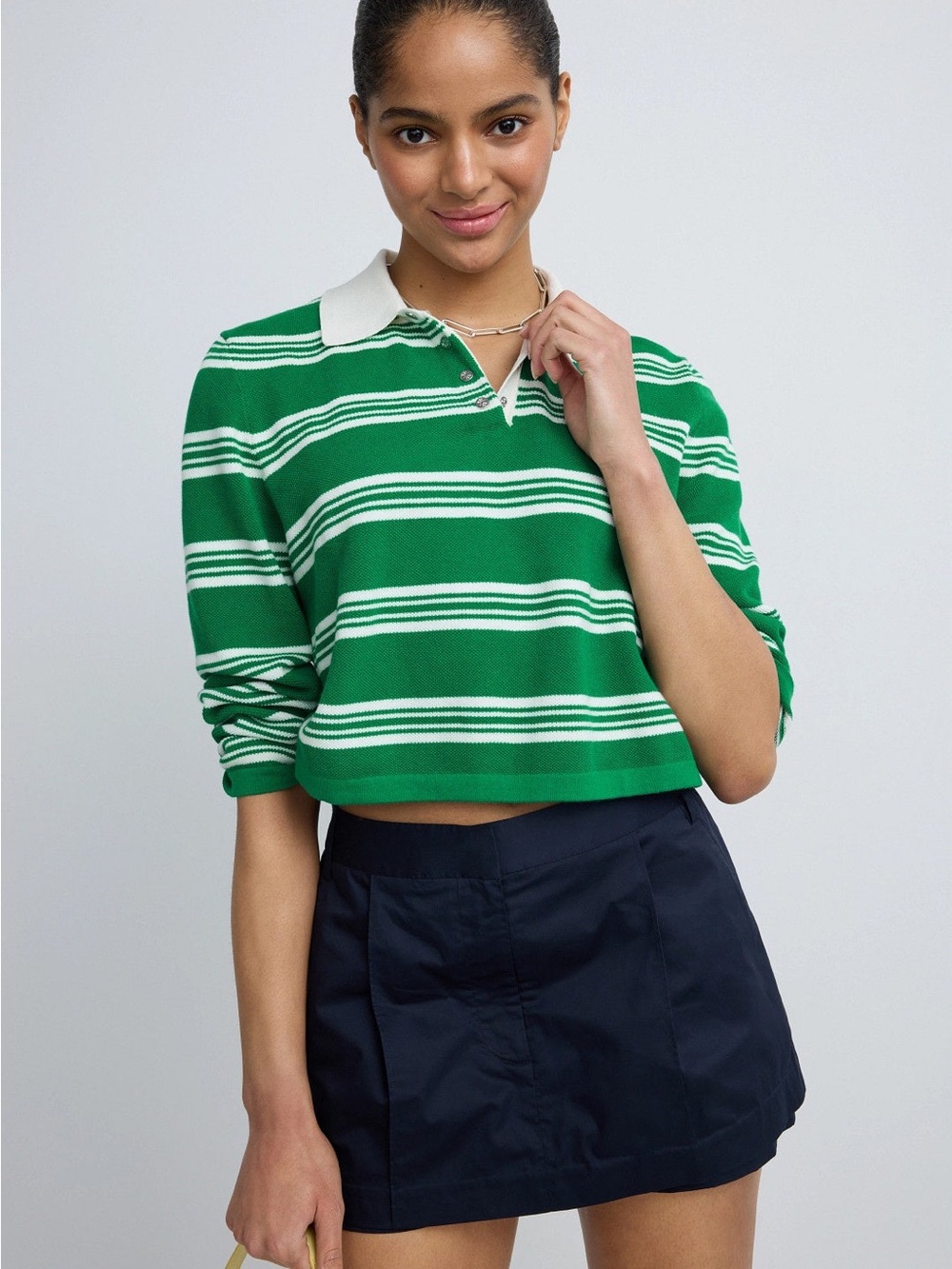 Maje Cropped Green Striped Polo Knit Top size 4-6 MSRP $263